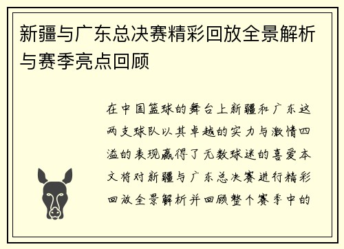 新疆与广东总决赛精彩回放全景解析与赛季亮点回顾